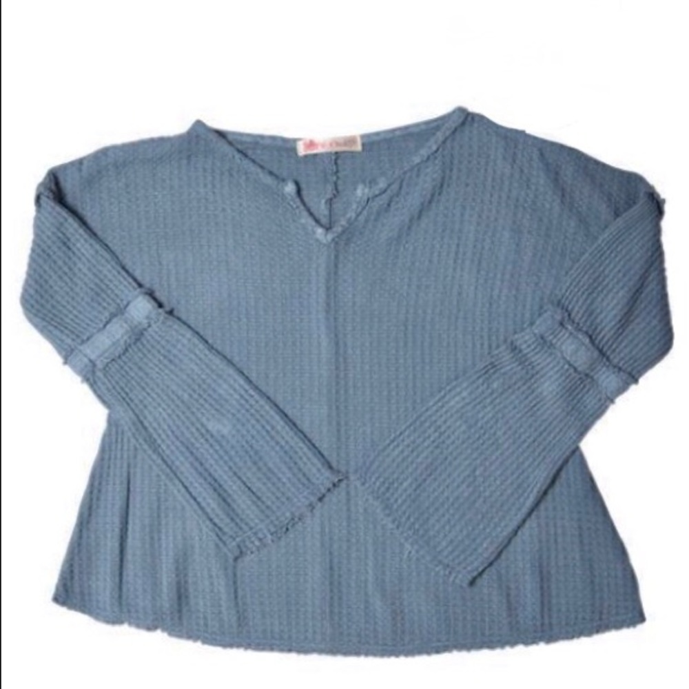 blue waffle split neck top